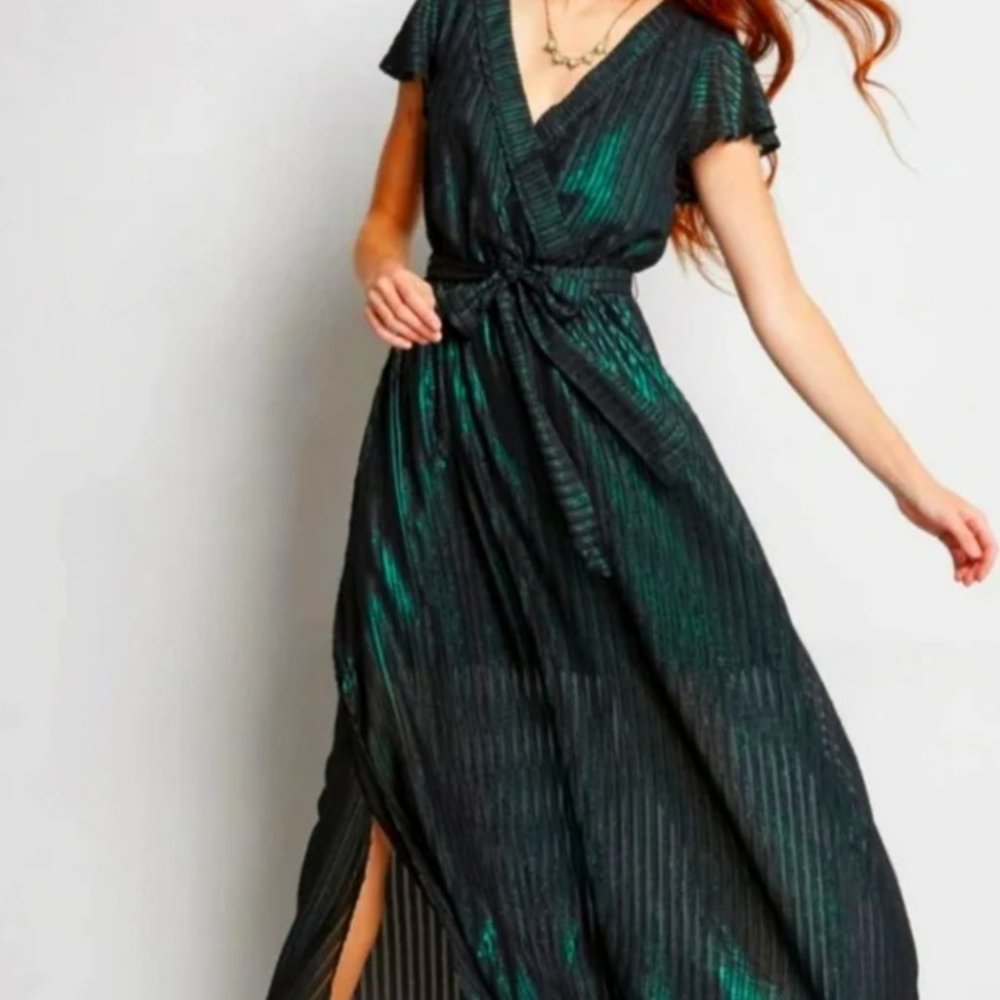 Modcloth Green Metallic Shimmer Maxi Wrap Formal Dress Small